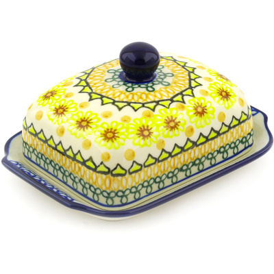 Polish Pottery Butter Dish 7&quot; Geometric Sunflower