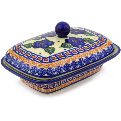 Polish Pottery Butter Dish 7&quot; Greek Poppies