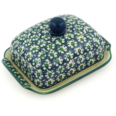 Polish Pottery Butter Dish 7&quot; Green Garlands