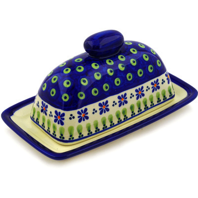 Polish Pottery Butter Dish 7&quot; Green Gingham Peacock