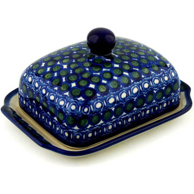 Polish Pottery Butter Dish 7&quot; Green Peacock Eyes
