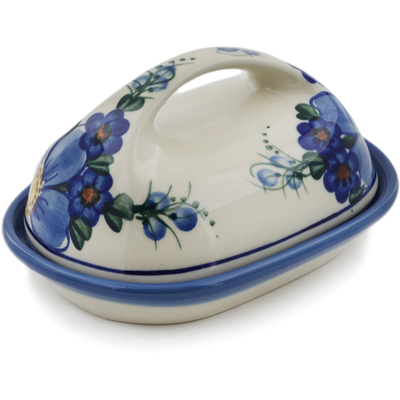 Polish Pottery Butter Dish 7&quot; Himalayan Blue Poppy UNIKAT