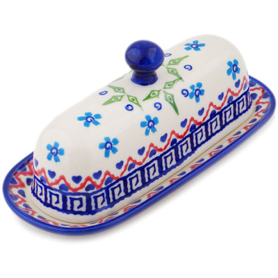 Polish Pottery Butter Dish 7&quot; Little Blue Flowers