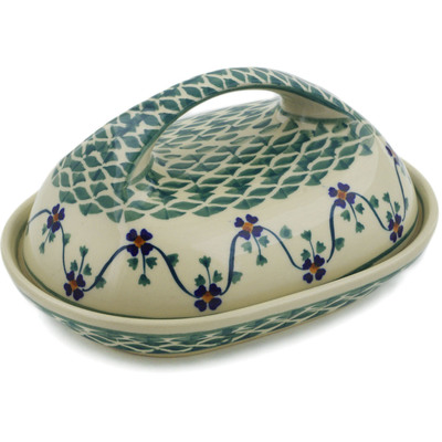 Polish Pottery Butter Dish 7&quot; Lucky Blue Clover