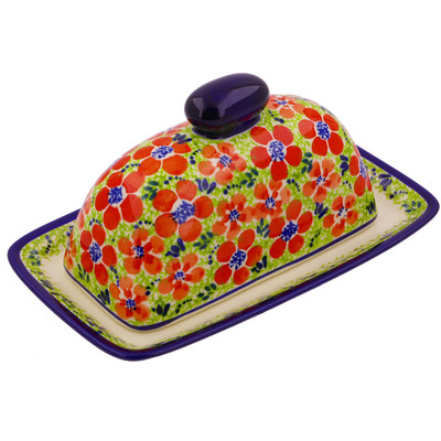 Polish Pottery Butter Dish 7&quot; Magnificent Red