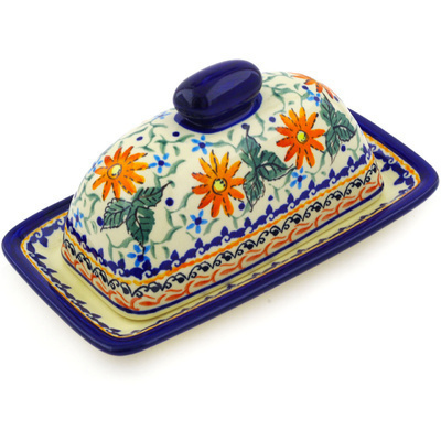 Polish Pottery Butter Dish 7&quot; Mexican Flame UNIKAT