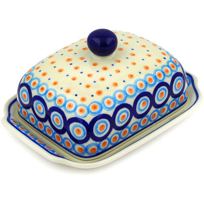 Polish Pottery Butter Dish 7&quot; Modern Peacock