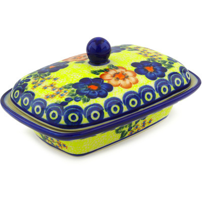 Polish Pottery Butter Dish 7&quot; Neon Poppies