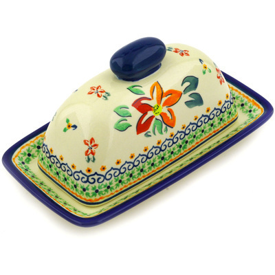 Polish Pottery Butter Dish 7&quot; Orange Clematis