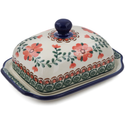 Polish Pottery Butter Dish 7&quot; Orange Poppies