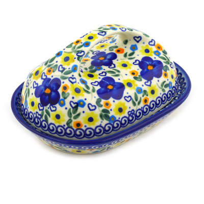 Polish Pottery Butter Dish 7&quot; Patches Of Love UNIKAT