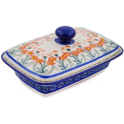 Polish Pottery Butter Dish 7&quot; Peach Spring Daisy