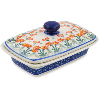 Polish Pottery Butter Dish 7&quot; Peach Spring Daisy