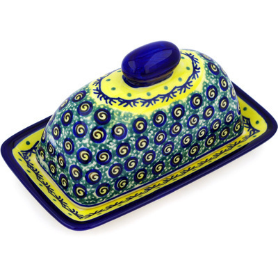 Polish Pottery Butter Dish 7&quot; Peacock Bumble Bee