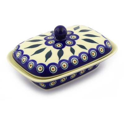 Polish Pottery Butter Dish 7&quot; Peacock