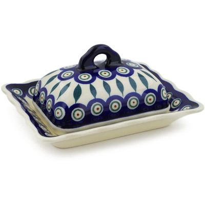 Polish Pottery Butter Dish 7&quot; Peacock Leaves