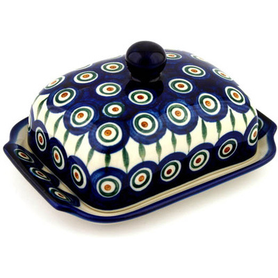 Polish Pottery Butter Dish 7&quot; Peacock Leaves