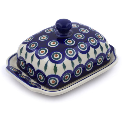 Polish Pottery Butter Dish 7&quot; Peacock Leaves