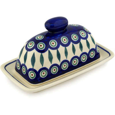 Polish Pottery Butter Dish 7&quot; Peacock Leaves