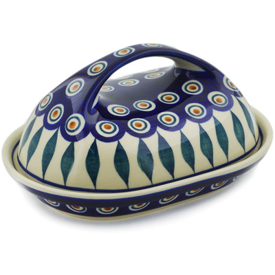 Polish Pottery Butter Dish 7&quot; Peacock Leaves