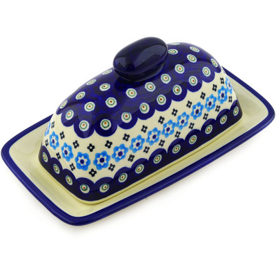 Polish Pottery Butter Dish 7&quot; Peacock Poppy Chain