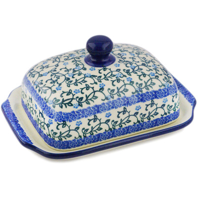 Polish Pottery Butter Dish 7&quot; Petite Blue Vine