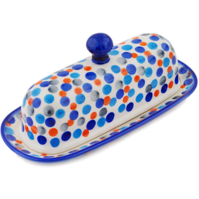 Polish Pottery Butter Dish 7&quot; Polka Dot Frenzy