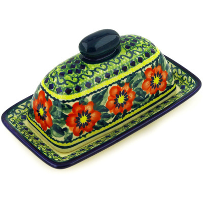 Polish Pottery Butter Dish 7&quot; Poppies All Around UNIKAT