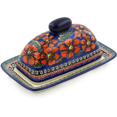 Polish Pottery Butter Dish 7&quot; Poppies UNIKAT