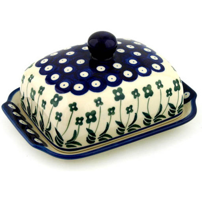 Polish Pottery Butter Dish 7&quot; Pushing Poppies Peacock