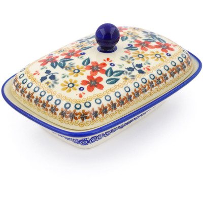 Polish Pottery Butter Dish 7&quot; Red Anemone Meadow UNIKAT