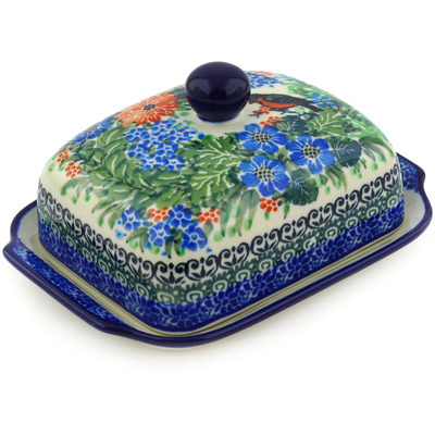 Polish Pottery Butter Dish 7&quot; Red Breasted Robin UNIKAT