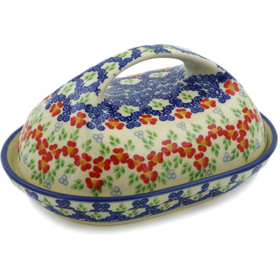 Polish Pottery Butter Dish 7&quot; Red Chains UNIKAT