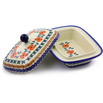 Polish Pottery Butter Dish 7&quot; Red Cornflower
