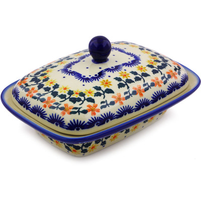 Polish Pottery Butter Dish 7&quot; Red Sunflower