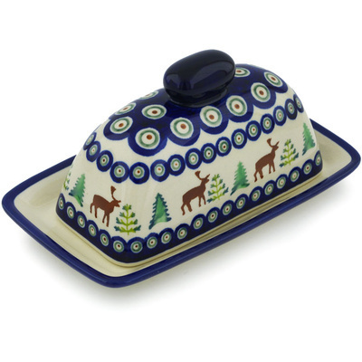 Polish Pottery Butter Dish 7&quot; Reindeer In The Pines