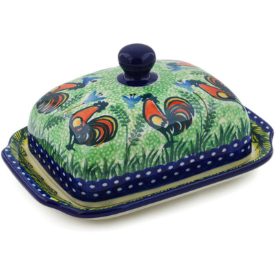 Polish Pottery Butter Dish 7&quot; Rooster Parade UNIKAT