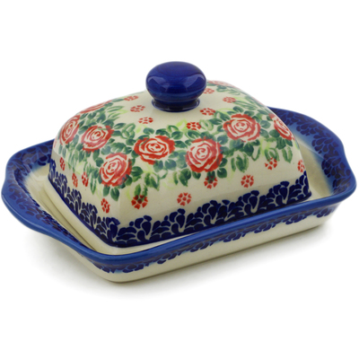 Polish Pottery Butter Dish 7&quot; Scattered Roses UNIKAT
