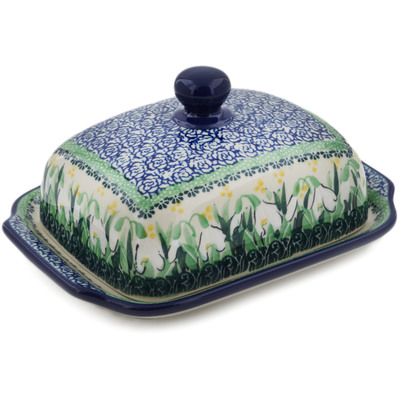 Polish Pottery Butter Dish 7&quot; Snowdrops UNIKAT