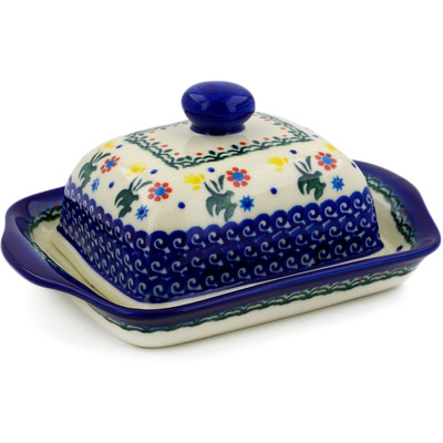 Polish Pottery Butter Dish 7&quot; Spring Flowers UNIKAT