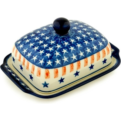 Polish Pottery Butter Dish 7&quot; Star Spangled Banner