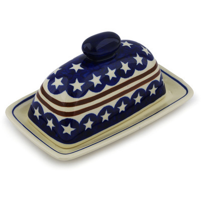 Polish Pottery Butter Dish 7&quot; Stars And Stripes Forever