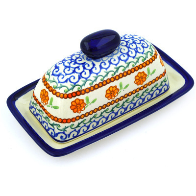 Polish Pottery Butter Dish 7&quot; Sunflower Waves