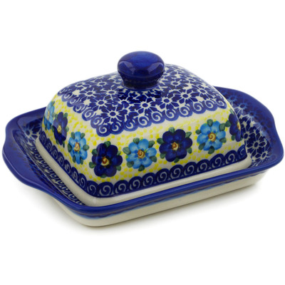 Polish Pottery Butter Dish 7&quot; There Are Flowers Around UNIKAT