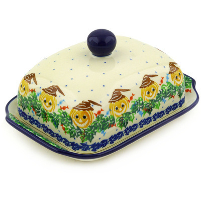 Polish Pottery Butter Dish 7&quot; Trick Or Treat