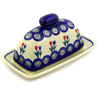 Polish Pottery Butter Dish 7&quot; Tulip Pair Peacock