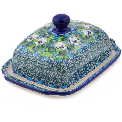 Polish Pottery Butter Dish 7&quot; White Pansies UNIKAT