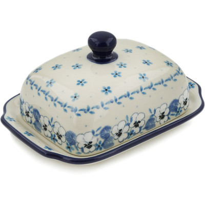 Polish Pottery Butter Dish 7&quot; White Pansy
