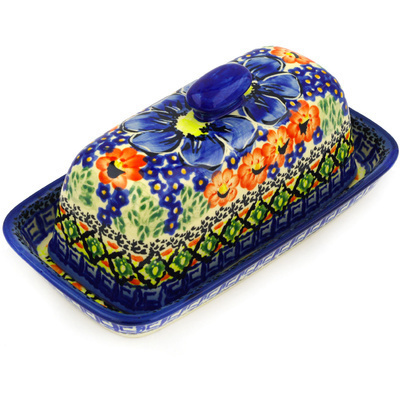 Polish Pottery Butter Dish 8&quot; Aztec Flowers UNIKAT