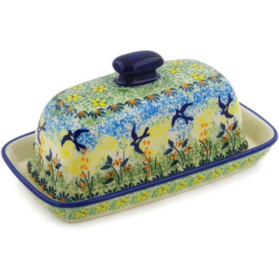 Polish Pottery Butter Dish 8&quot; Birds In The Sunset UNIKAT